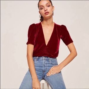 Reformation Fiona Red Velvet Short Sleeve Top